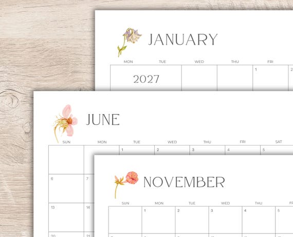 2027 Printable Calendar | 12 Month Planner | Minimalist Botanical Flowers | Sunday & Monday Start