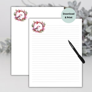 Christmas Writing Paper Printable Pink Christmas Theme Stationery Lined Unlined Wreath with Bird Instant Download US Letter 8.5x11 Paper PDF