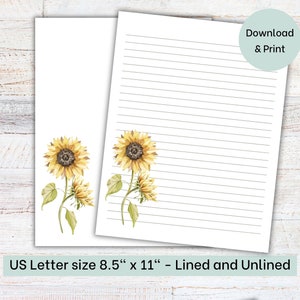 Sunflower Lined Paper | Printable Stationery | Lined Unlined Paper | US Letter 8.5x11 in | Instant Download | Letter Writing | Gardener Gift