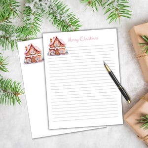 Christmas Stationery Printable, Gingerbread House, Letter Writing Paper, Letterhead Template, US letter A4, Lined Unlined, Pink Christmas