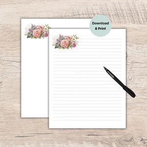 Printable Floral Stationery Letter Writing Paper Pink Hydrangeas Lined and Unlined US Letter 8.5x11 in Instant Download Penpal Gift for Her