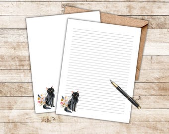 Black Cat Printable Stationery | Floral Writing Paper | Lined and Unlined | US Letter & A4 PDF | Digital Download