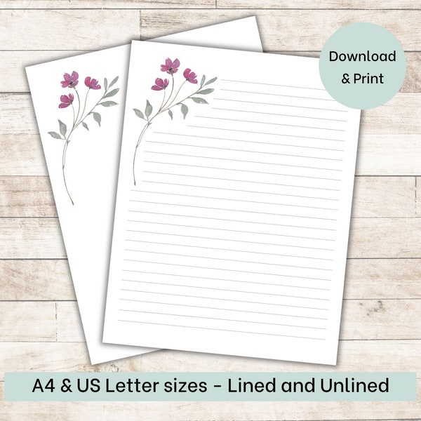 Printable Stationery, Purple Wildflowers floral, A4, US letter 8.5x11 in., lined, unlined digital letter writing paper, note paper, pen pal