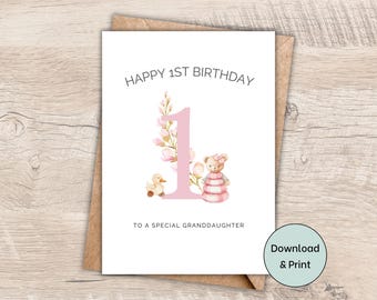1st Birthday Card for Granddaughter, Printable Baby Girls First Birthday Card, Teddy Bear and Duck, Birthday Party, digital instant download