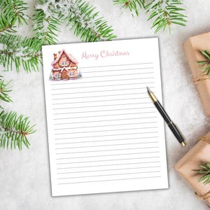 Christmas Stationery Printable, Gingerbread House, Letter Writing Paper, Letterhead Template, US letter A4, Lined Unlined, Pink Christmas