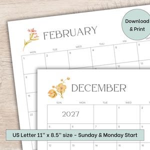 May include: A printable calendar set featuring February and December 2027 pages with watercolor floral accents. The pages include a grid layout for dates, a Download & Print circle icon, and text stating US Letter 11 inches by 8.5 inches size.