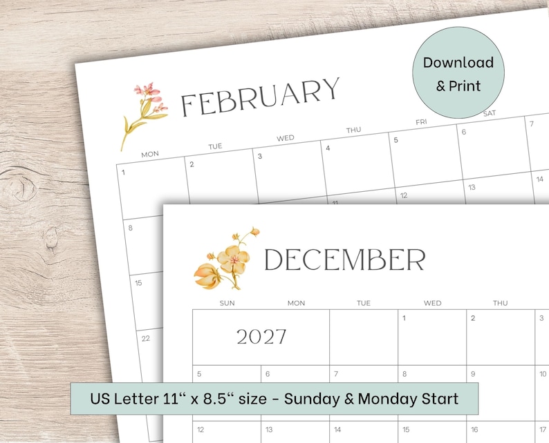 May include: A printable calendar set featuring February and December 2027 pages with watercolor floral accents. The pages include a grid layout for dates, a Download & Print circle icon, and text stating US Letter 11 inches by 8.5 inches size.