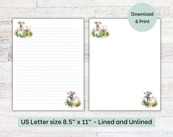 Printable Goat Stationery | Letter Writing Paper | Lined and Unlined Stationery | US Letter 8.5x11 in | Instant Download | Farm Animals