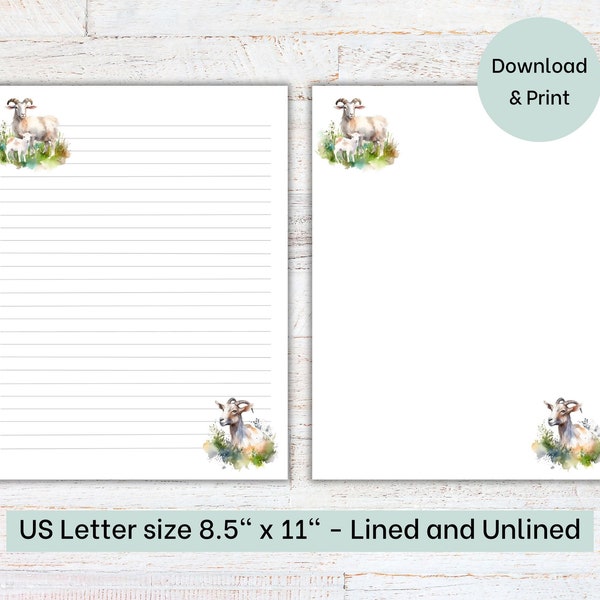 Printable Goat Stationery | Letter Writing Paper | Lined and Unlined Stationery | US Letter 8.5x11 in | Instant Download | Farm Animals