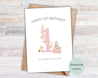 Birthday Card printable for Girl First Birthday instant download greeting card for daughter, granddaughter, niece, blank inside card 5x7 PDF
