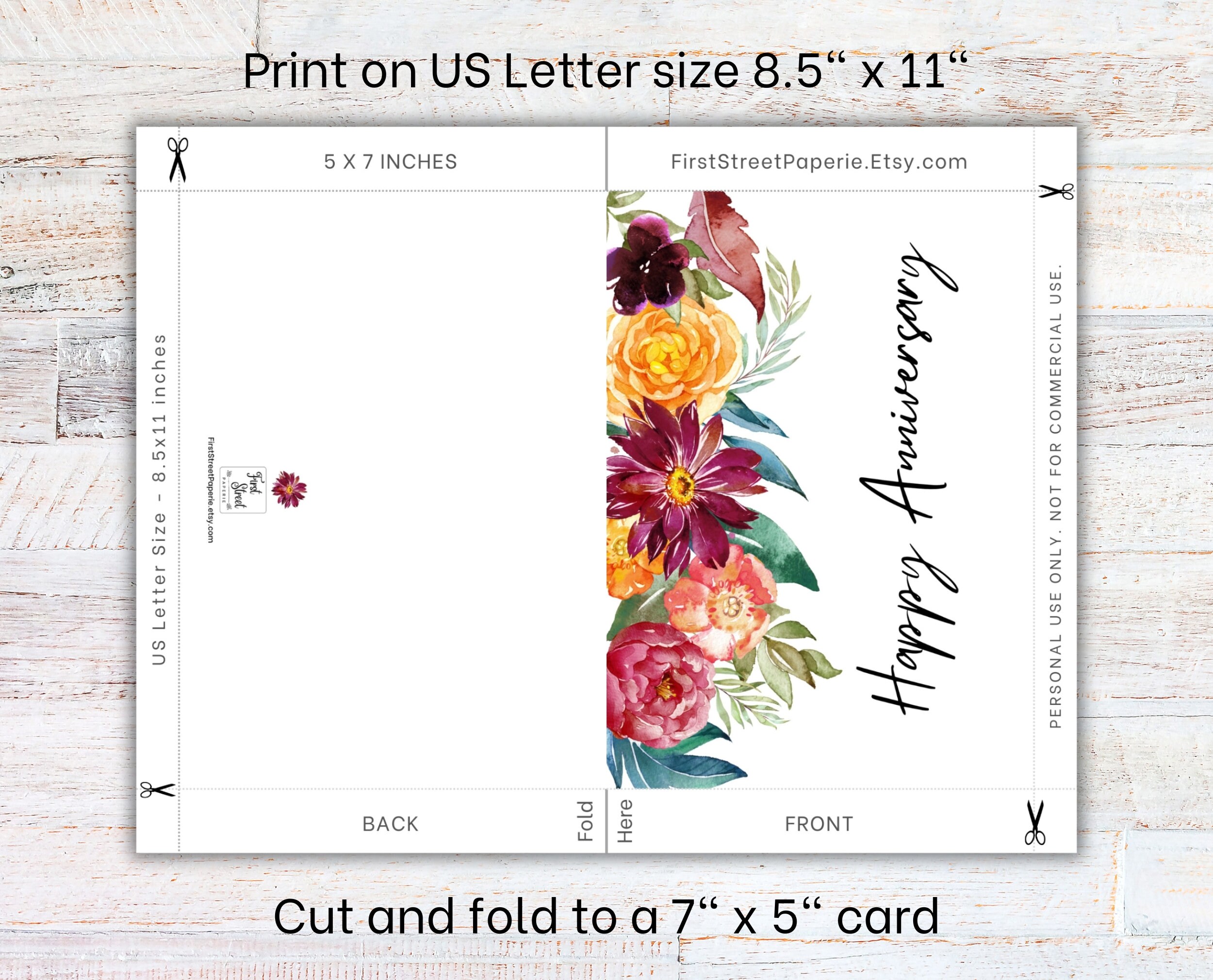 Printable Anniversary Card, Watercolor Floral, Card for Husband or Wife ...