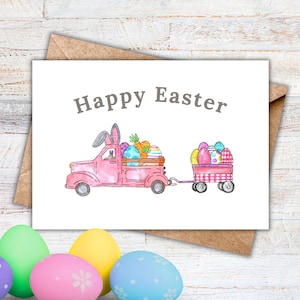 Happy Easter Printable Card with Pink Truck and Egg Trailer, Bunny Rabbit Ears, Cute Kids Greeting Card, 5x7 Digital Card