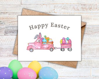 Happy Easter Printable Card with Pink Truck and Egg Trailer, Bunny Rabbit Ears, Cute Kids Greeting Card, 5x7 Digital Card