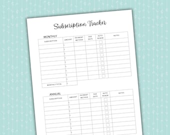 Subscription Tracker | Printable + Fillable PDF | Monthly + Yearly Bill Organizer | US Letter + A4