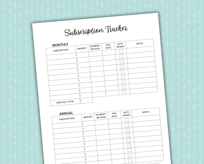 Subscription Tracker | Printable + Fillable PDF | Monthly + Yearly Bill ...
