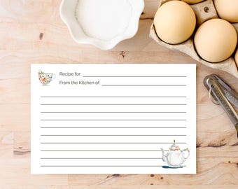 Printable Recipe Cards | Cozy Cottagecore Teapot & Tea Cup Design | 4x6 | Double Sided | Instant Download