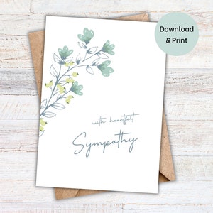 Sympathy Card Printable, Bereavement Condolence card, simple floral, Loss of loved one, instant download greeting card, blank inside 5x7 PDF