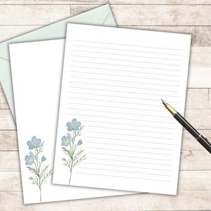 Printable Stationery, Blue Wildflowers, A4, US letter 8.5x11 in., floral lined and unlined digital letter writing paper, note paper, pen pal