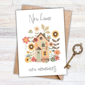 Printable Housewarming Card, New Home New Memories, Congratulations, Cottage House, First Home, Instant download, Greeting Card, 5x7 PDF