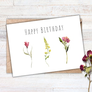 Birthday Card Printable, Wildflower Watercolor Card, Instant Download, Simple Floral Greeting Card, Friend Birthday Card, Happy Birthday