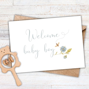 New Baby Card Printable, Baby Shower Card, Congratulations Card, Blue Floral Welcome Baby Boy, Digital Instant Download PDF, Greeting Card