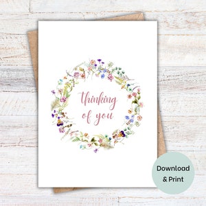 Thinking of You Printable Card floral wreath, sympathy get well soon friendship card, instant download greeting card, blank inside 5x7 PDF