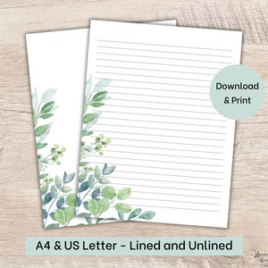 Printable Stationery, Botanical Writing Paper, Green Leaves, US letter, A4 paper, lined, unlined digital letter writing paper, Pen Pal