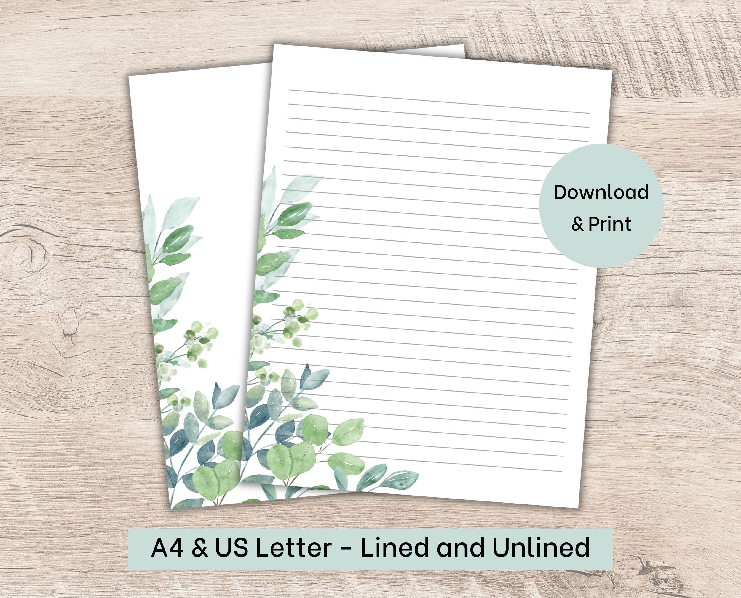 Printable Stationery, Botanical Writing Paper, Green Leaves, US Letter ...