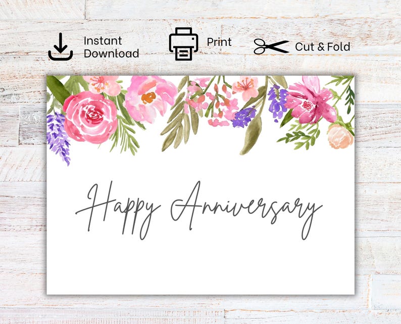 Printable Anniversary Card | Watercolor Floral | Happy Anniversary Card ...