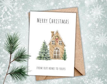 Christmas Card Printable Merry Christmas from Our Home to Yours, Watercolor Christmas trees and house design, Instant Download Greeting Card