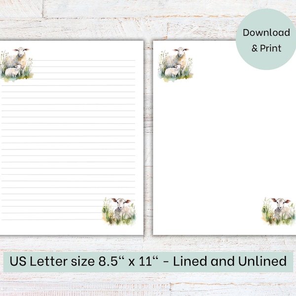 Printable Sheep Stationery | Letter Writing Paper | Lined and Unlined Stationery | US Letter 8.5x11 in | Instant Download