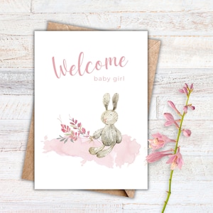 Baby Card Printable, Baby Shower, Welcome Baby Girl, Instant download greeting card, bunny with pink flowers baby card, for newborn infant