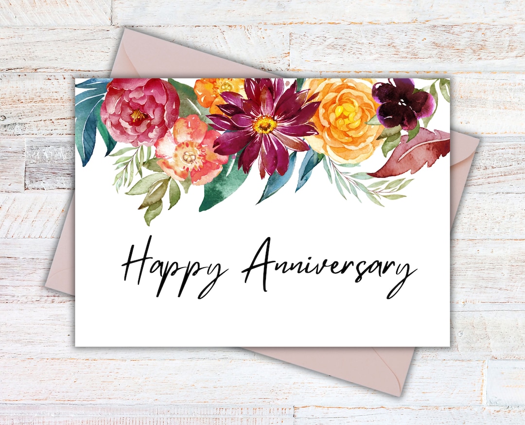 Printable Anniversary Card, Watercolor Floral, Card for Husband or Wife ...