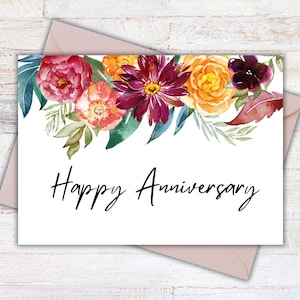 Printable Anniversary Card, Watercolor Floral, Card for Husband or Wife, Happy Anniversary, Instant download, digital greeting card, 5x7 PDF