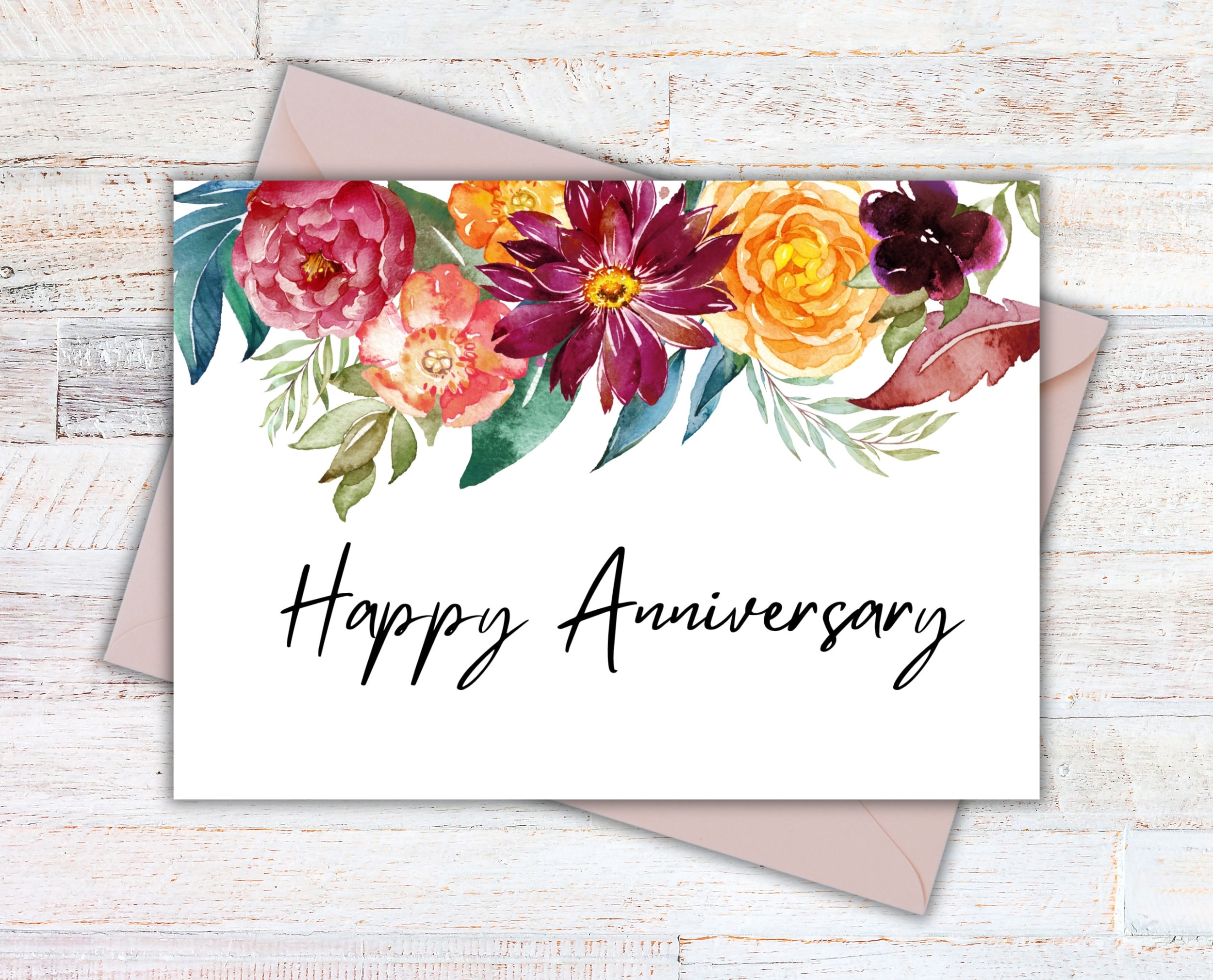 Printable Anniversary Card, Watercolor Floral, Card for Husband or Wife ...