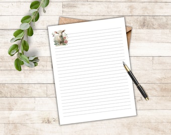 Sheep Printable Stationery, letter writing paper, US letter 8.5x11 in, A4 paper, lined & unlined digital stationery, instant download, lamb