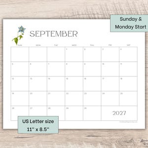 2027 Printable Calendar | 12 Month Planner | Minimalist Botanical Flowers | Sunday & Monday Start image 3