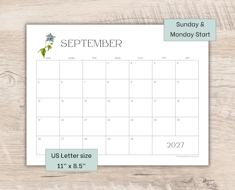 2027 Printable Calendar | 12 Month Planner | Minimalist Botanical Flowers | Sunday & Monday Start image 3