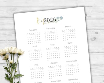 2026 Calendar Year Printable | Year at a Glance | Minimalist Watercolor Floral | Sunday & Monday Start | US Letter + A4