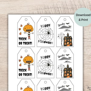 Halloween treat tags printable trick or treat bag tags halloween party favor tags pumpkin spider web spooky house gift tag instant download