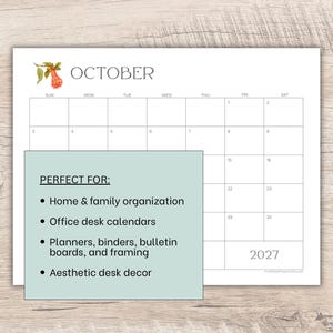 May include: A white paper calendar page for October 2027 featuring a small botanical illustration of a pomegranate in the top left corner. A light green overlay box displays black text listing uses including home organization and office decor.