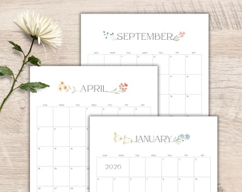 2026 Calendar Printable Monthly | Minimalist Watercolor Floral | 12 Month Planner | Sunday & Monday Start | US Letter Portrait