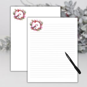 Christmas Writing Paper Printable Pink Christmas Theme Stationery Lined Unlined Wreath with Bird Instant Download US Letter 8.5x11 Paper PDF