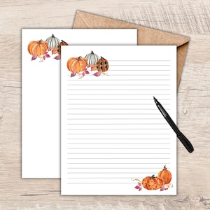 Pumpkins Printable Stationery, Fall Writing Paper, Watercolor Pumpkins, Autumn Leaves, Lined Unlined, US Letter A4, Pumpkin Letterhead