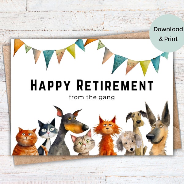 Printable Retirement Card from the gang, coworkers, funny cats and dogs, going away card, instant download DIY card, blank inside 5x7 PDF