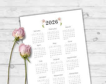 2026 Calendar Year Printable | Year at a Glance | Minimalist Botanical Floral | Sunday & Monday Start | US Letter + A4 | Instant Download
