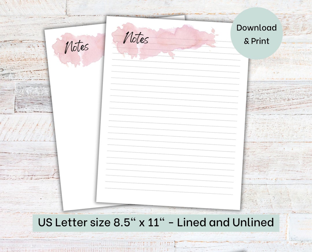 Note Paper Printable, Pink Watercolor Splash. Printable Lined & Unlined ...
