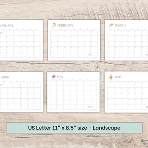 May include: A set of six landscape-oriented 2027 calendar pages for January through June, each featuring a small floral illustration and the text US Letter 11 inches by 8.5 inches size. The white paper sheets display a grid layout for dates.