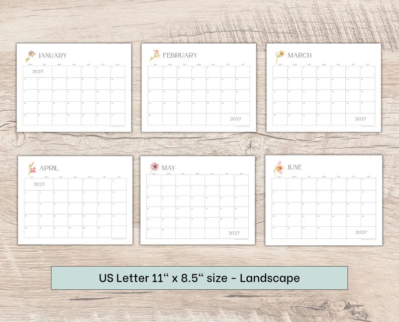May include: A set of six landscape-oriented 2027 calendar pages for January through June, each featuring a small floral illustration and the text US Letter 11 inches by 8.5 inches size. The white paper sheets display a grid layout for dates.