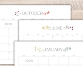 2026 Printable Calendar Monthly | Minimalist Watercolor Floral | 12 Month Planner | Sunday & Monday Start | US Letter Landscape PDF